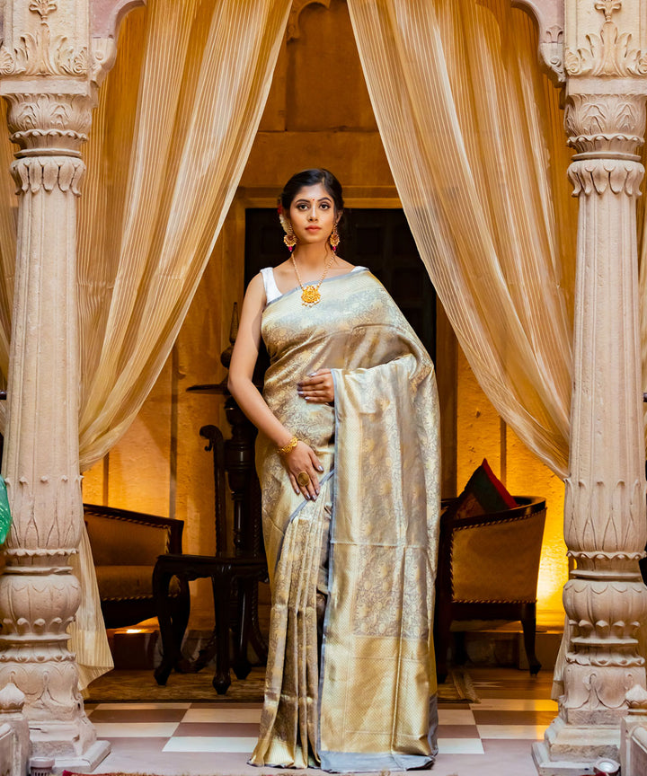 Cream silk handwoven banarasi saree