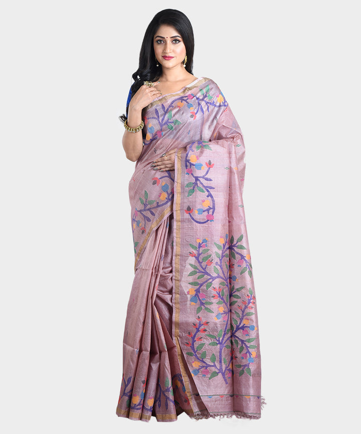 Mauve handwoven jamdani tussar silk saree