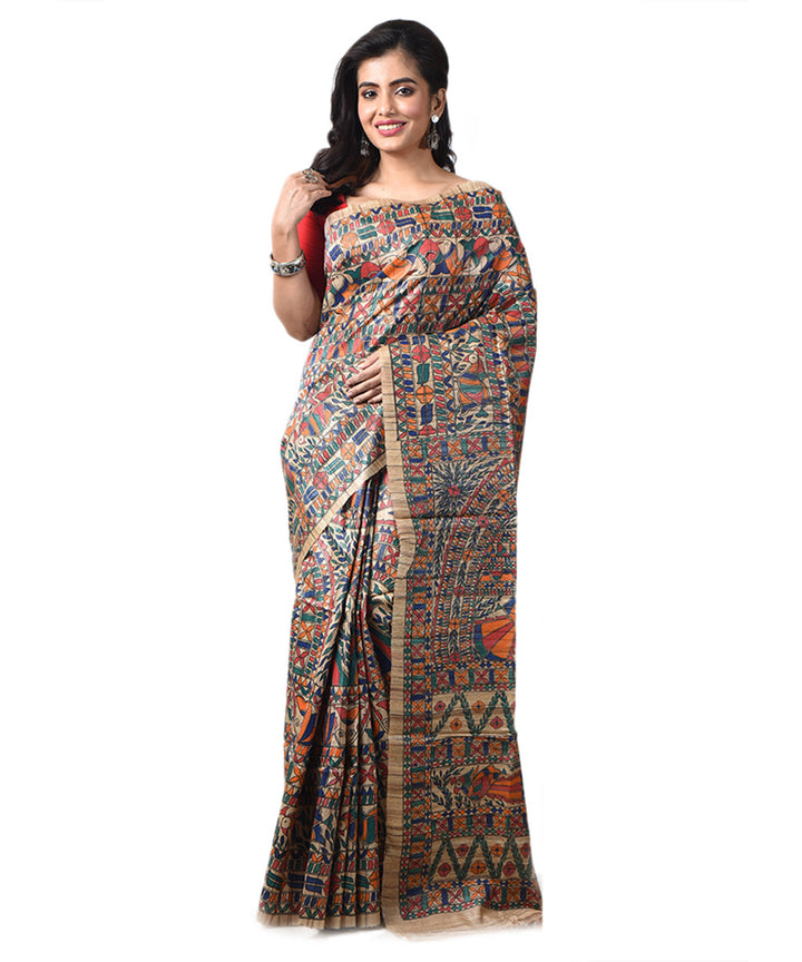 Beige tussar silk hand painted multicolor madhubani saree