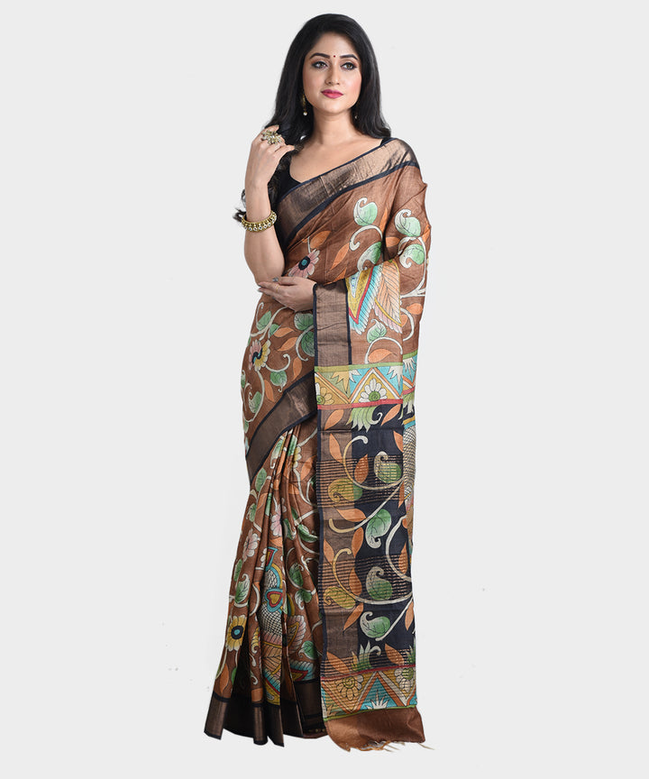 Dark brown hand painted kalamkari tussar silk saree