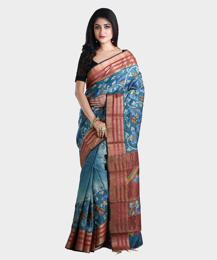 Blue hand painted kalamkari tussar silk saree