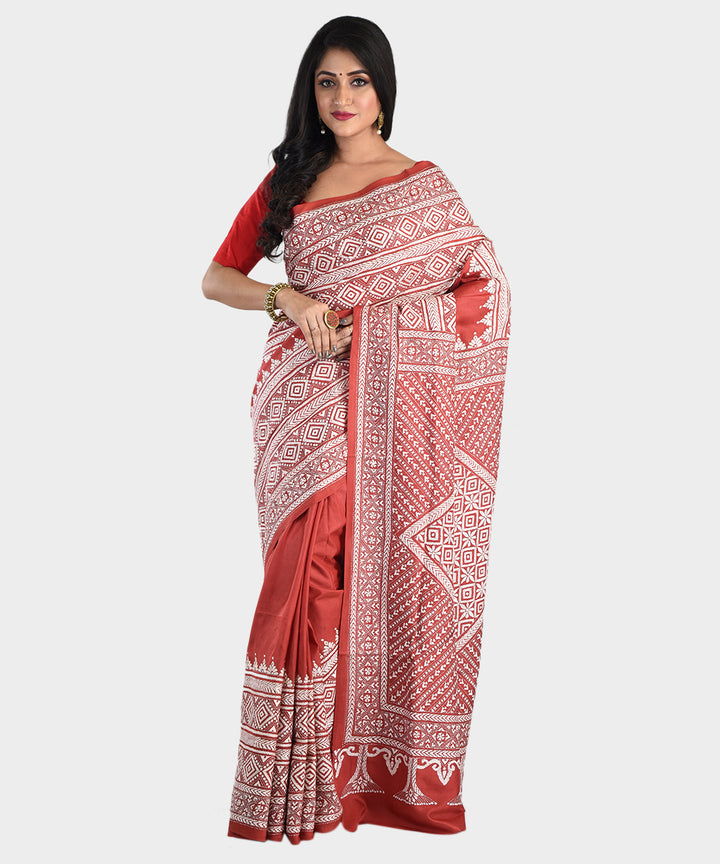 Maroon hand embroidery kantha stitch silk saree