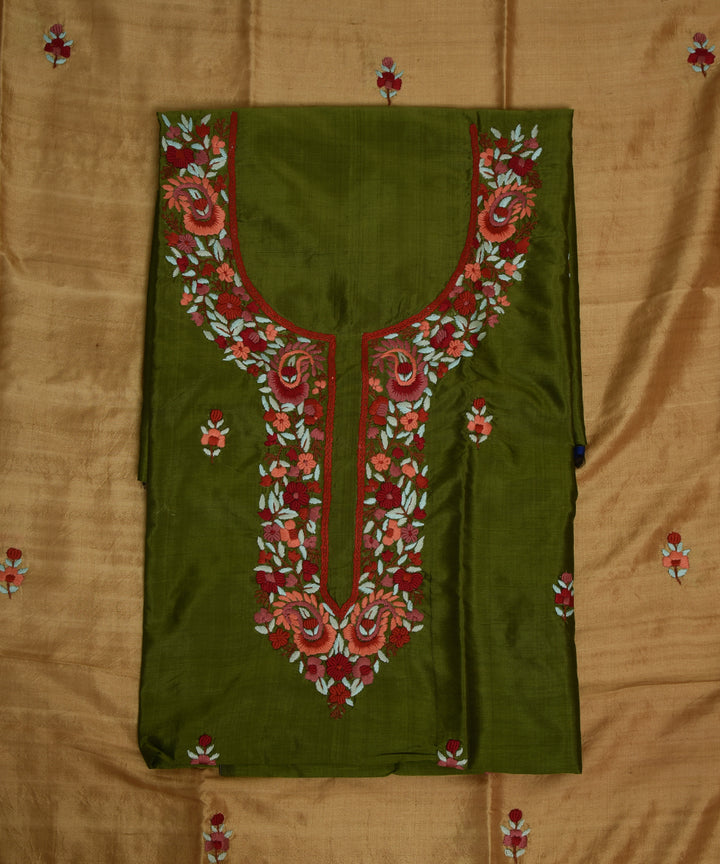 2pc Green beige handwoven mulberry silk dress material with dupatta