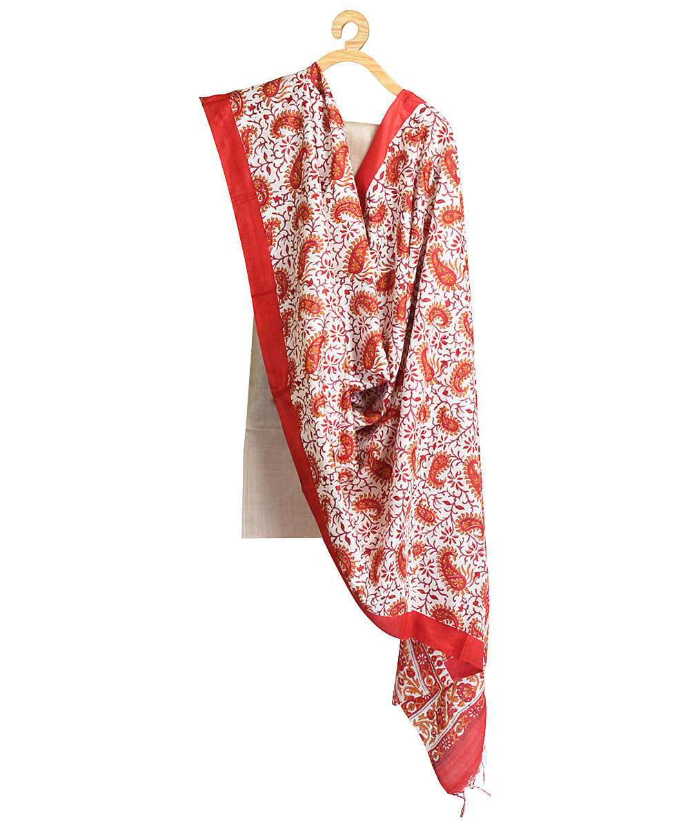 Red white hand block print silk dupatta
