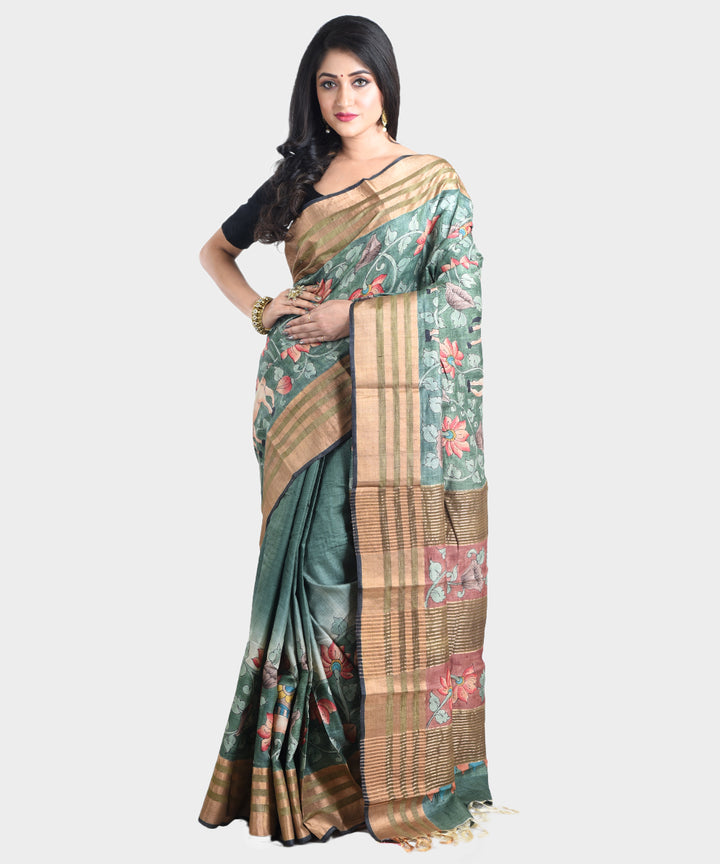Light green hand painted kalamkari tussar silk saree