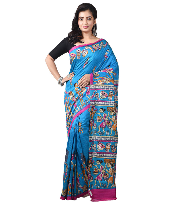 Sky blue multicolor silk bengal hand block print saree