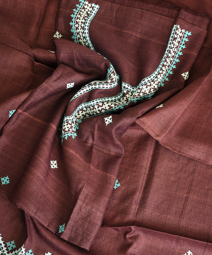 2pc Brown hand embroidery tussar silk dress material set