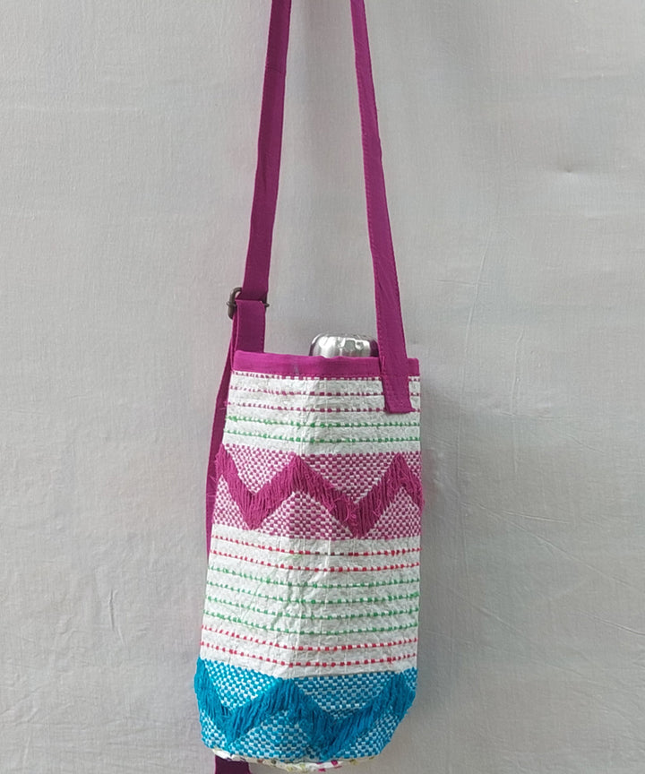 Blue brown handcrafted embroidery canvas bottle bag