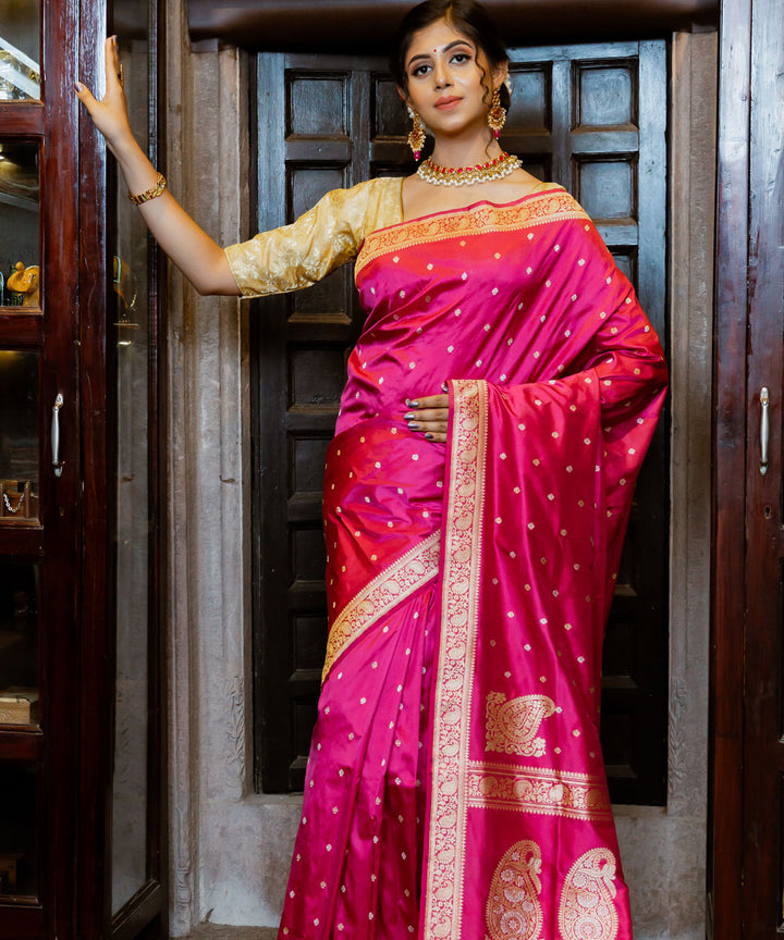 Red pink double shade silk handloom banarasi saree