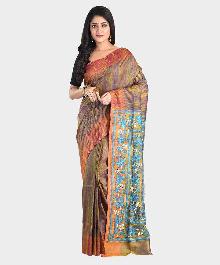 Brown orange double shade hand embroidery kantha stitch silk saree