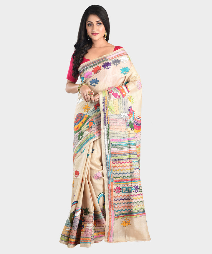 Beige with multicolor hand embroidery kantha stitch tussar silk saree