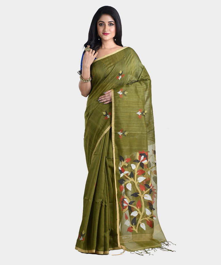 Olive green handwoven jamdani silk saree