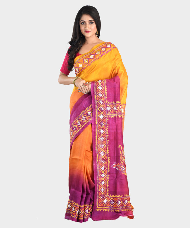 Mustard and purple hand embroidery kantha stitch silk saree