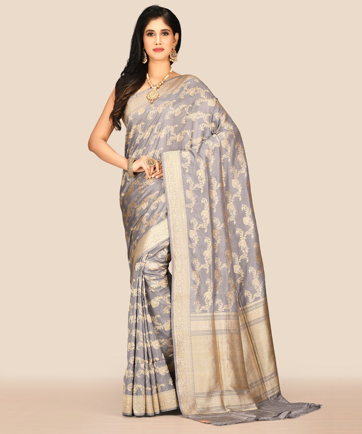 Grey silk handwoven banarasi saree