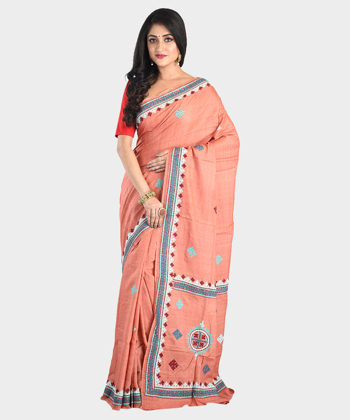 Light orange hand embroidery kantha stitch tussar silk saree