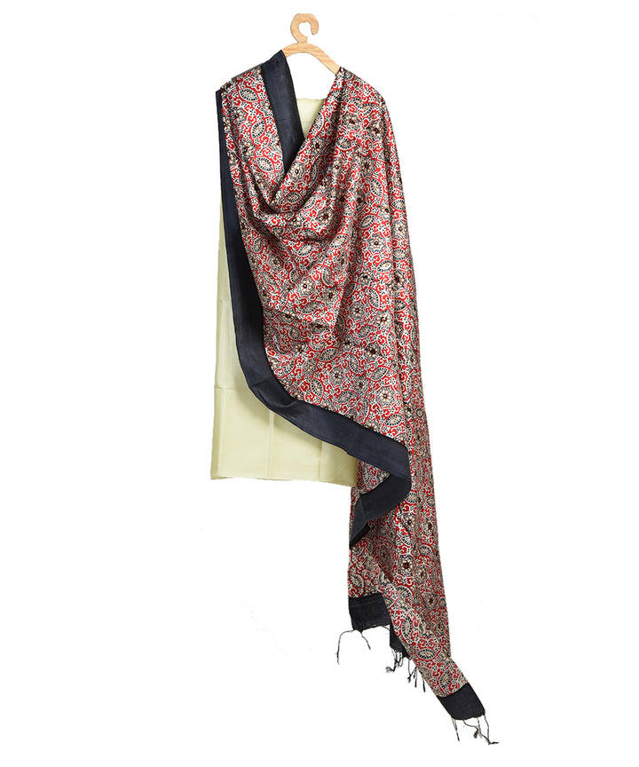 Black red bengal hand block printed silk dupatta