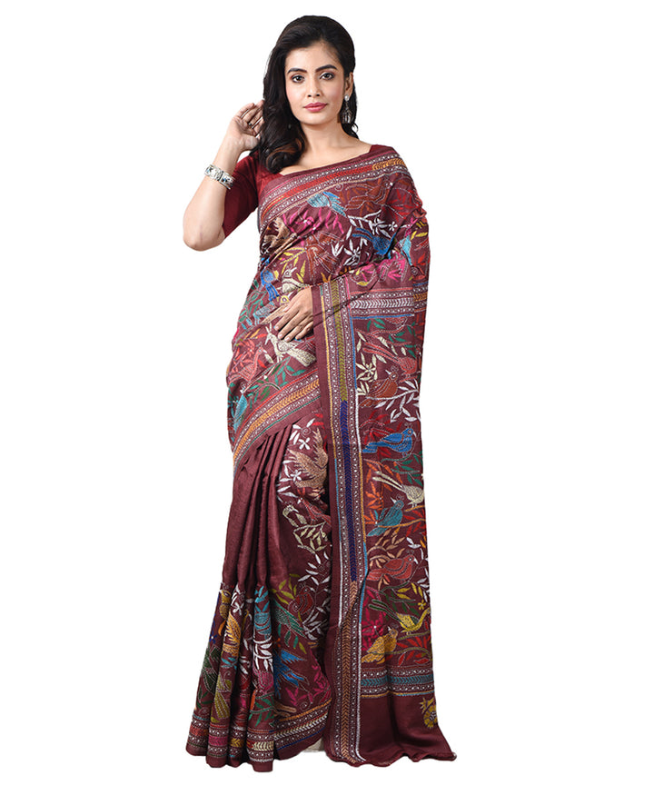 Brown tussar silk hand embroidery bengal kantha stitch saree