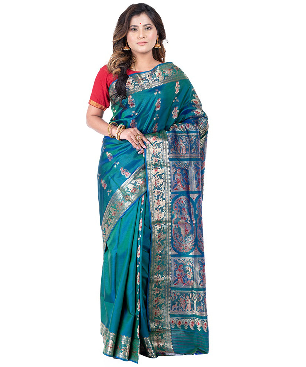 Cyan blue handwoven baluchari silk saree