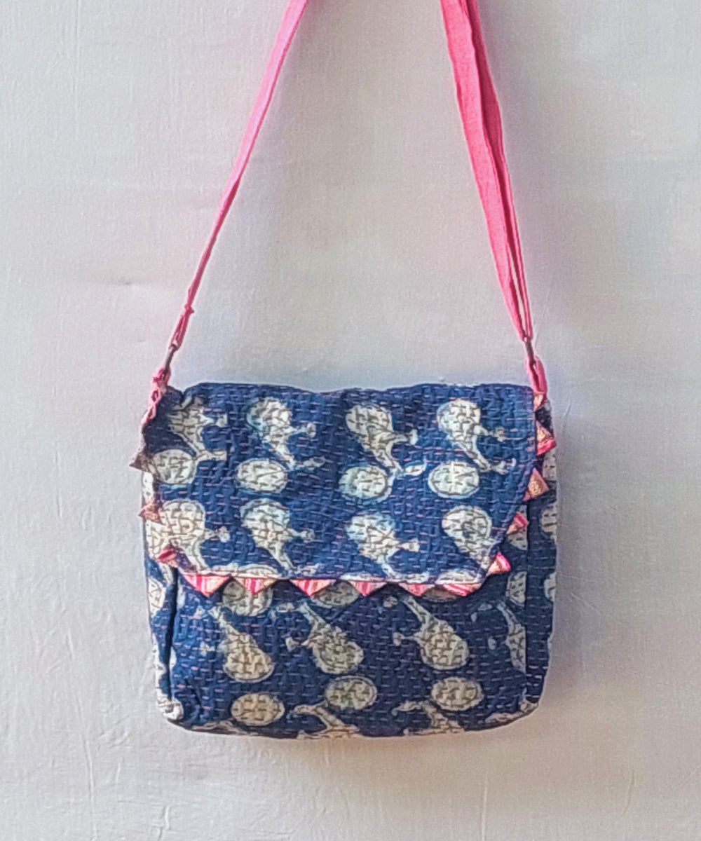 Blue handcrafted kantha work cotton sling bag