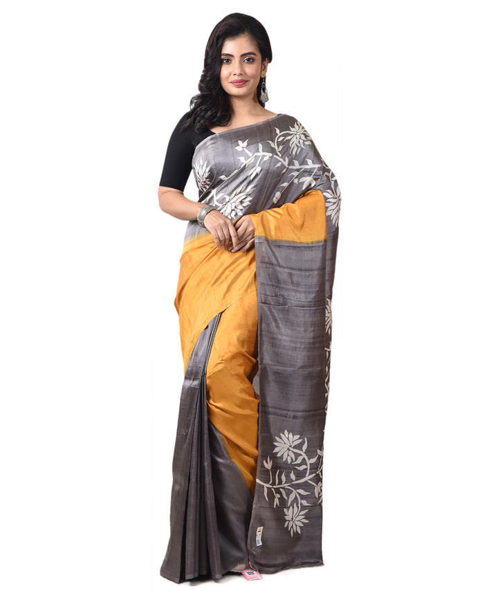 Yellow grey silk bengal hand block print saree