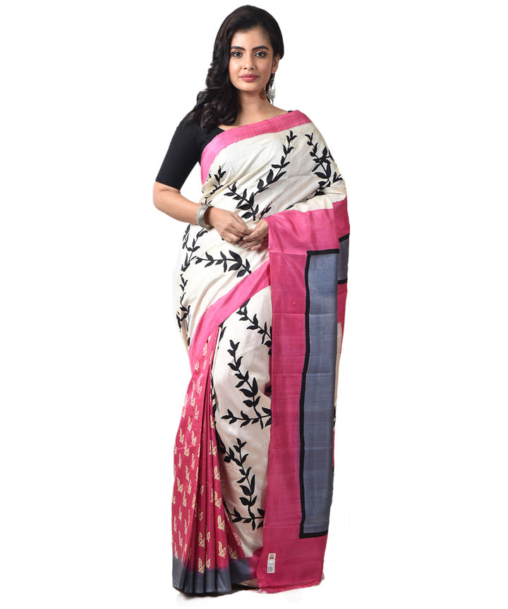 White pink silk bengal hand block print saree