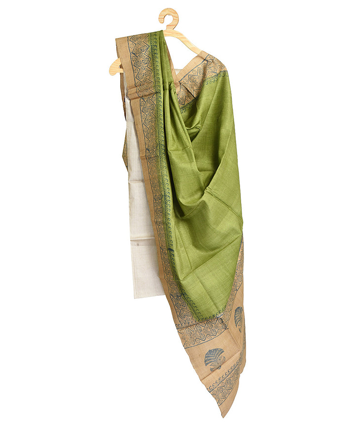 Lime green beige hand block print tussar silk dupatta