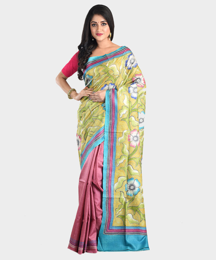 Light green pink hand embroidery kantha stitch tussar silk saree