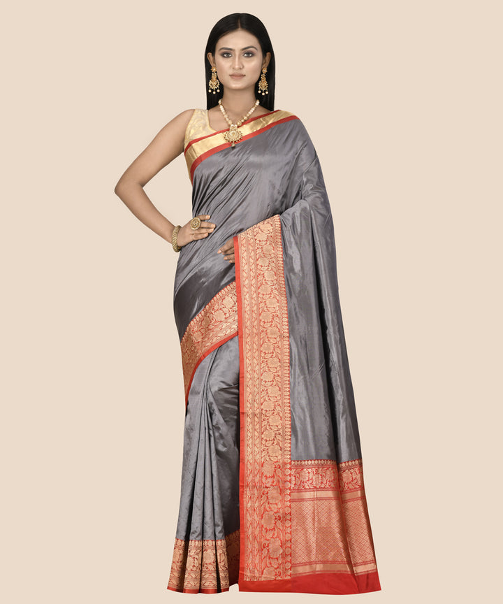 Grey handwoven silk banarasi saree