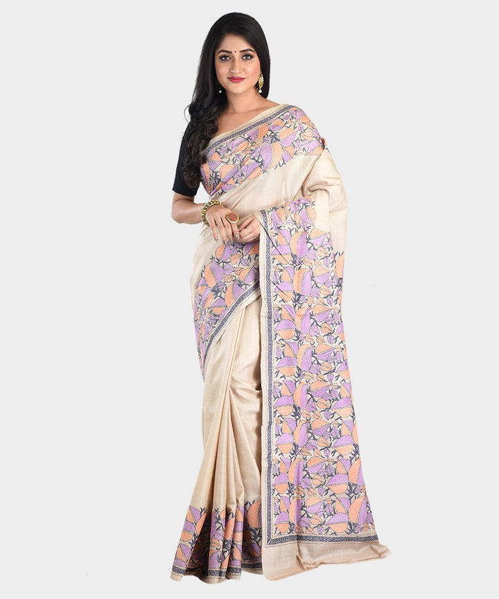 Beige multicolor kantha stitch hand embroidery tussar silk saree