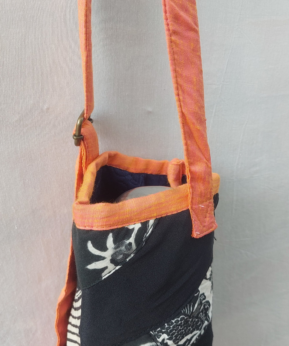 Orange black handcrafted canvas bottle bag