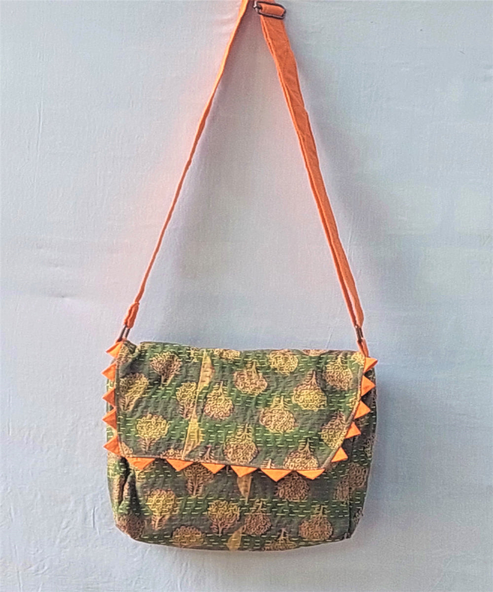 Green handcrafted kantha work cotton sling bag