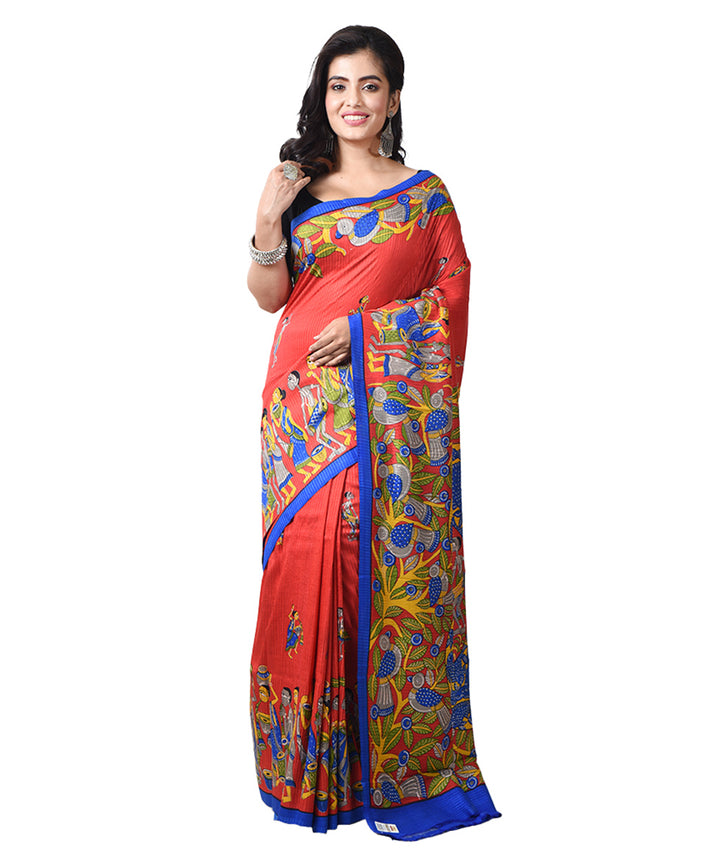 Red multicolor silk bengal hand block print saree