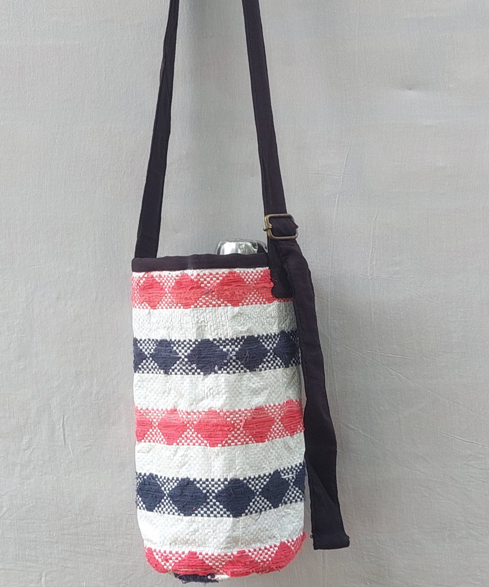 Black pink handcrafted embroidery canvas bottle bag