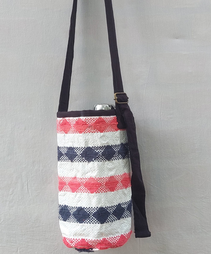 Black pink handcrafted embroidery canvas bottle bag