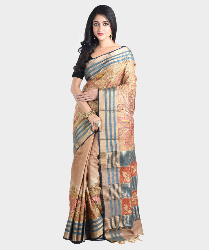 Brown hand painted kalamkari tussar silk saree