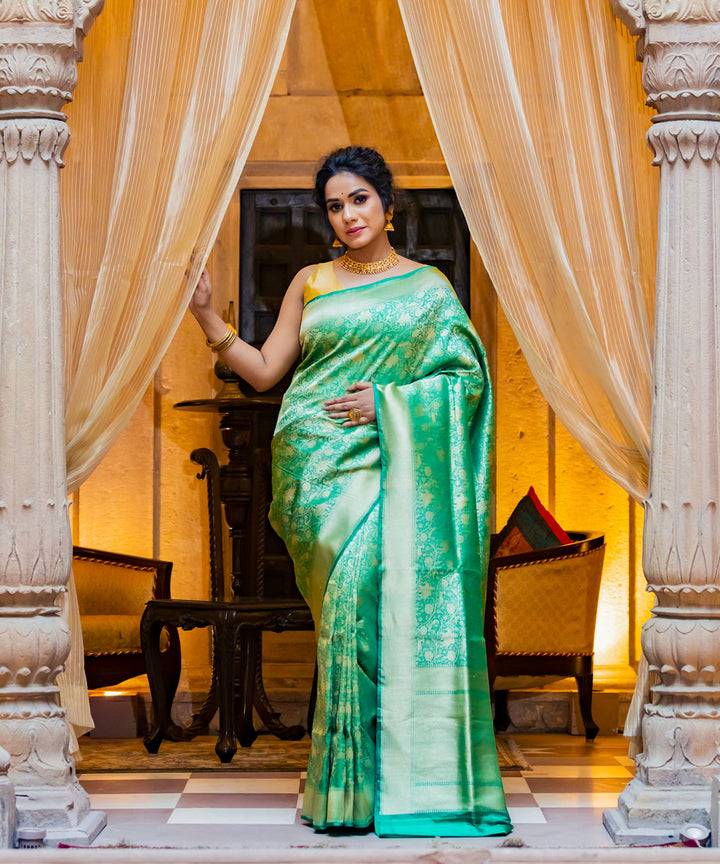 Turquoise silk handloom banarasi saree
