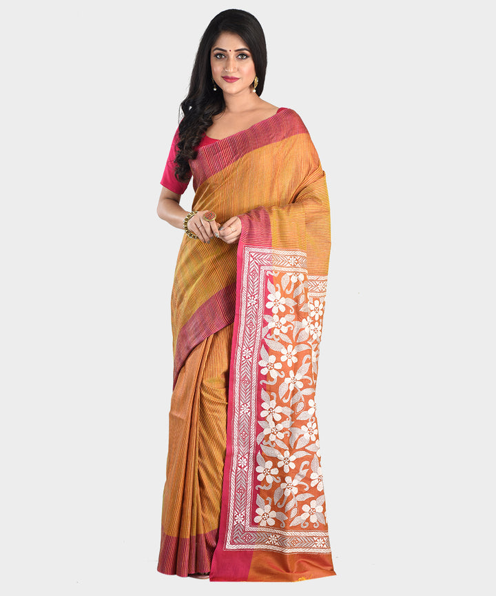 Mustard and pink hand embroidery kantha stitch silk saree