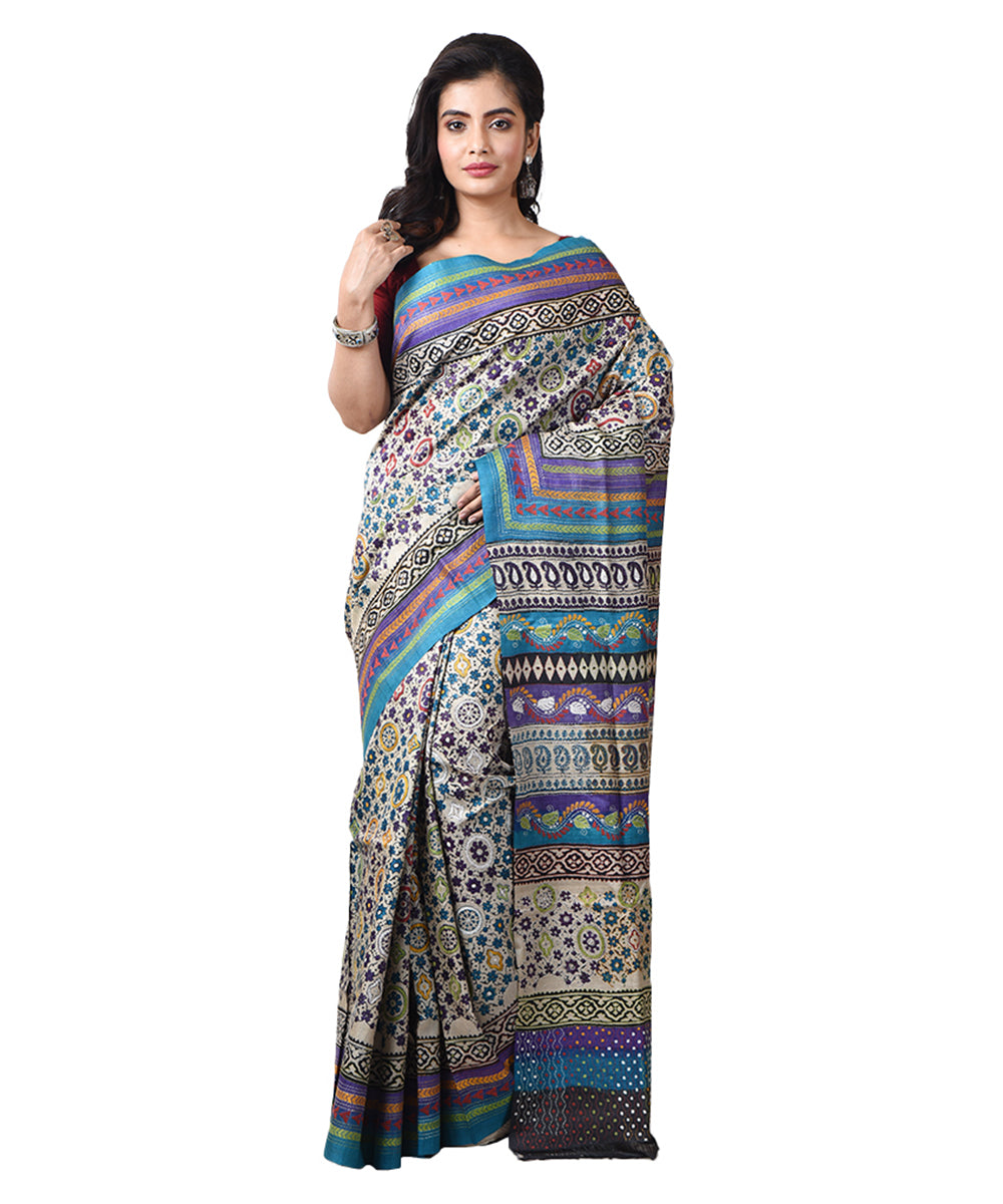 Multicolor tussar silk hand embroidery bengal kantha stitch saree