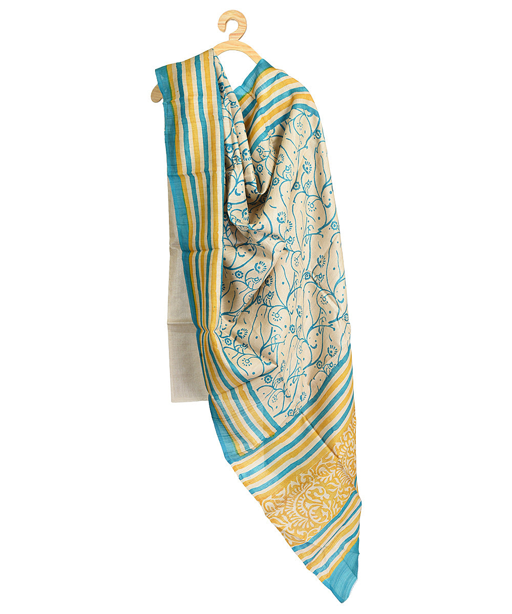 Beige mustard hand block print tussar silk dupatta