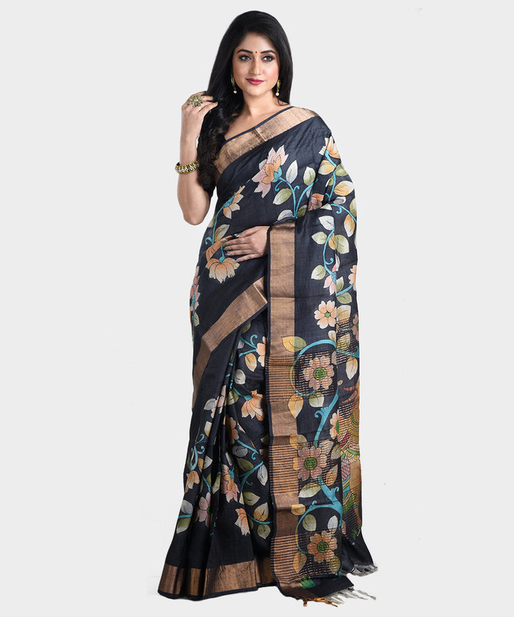 Black hand painted kalamkari tussar silk saree
