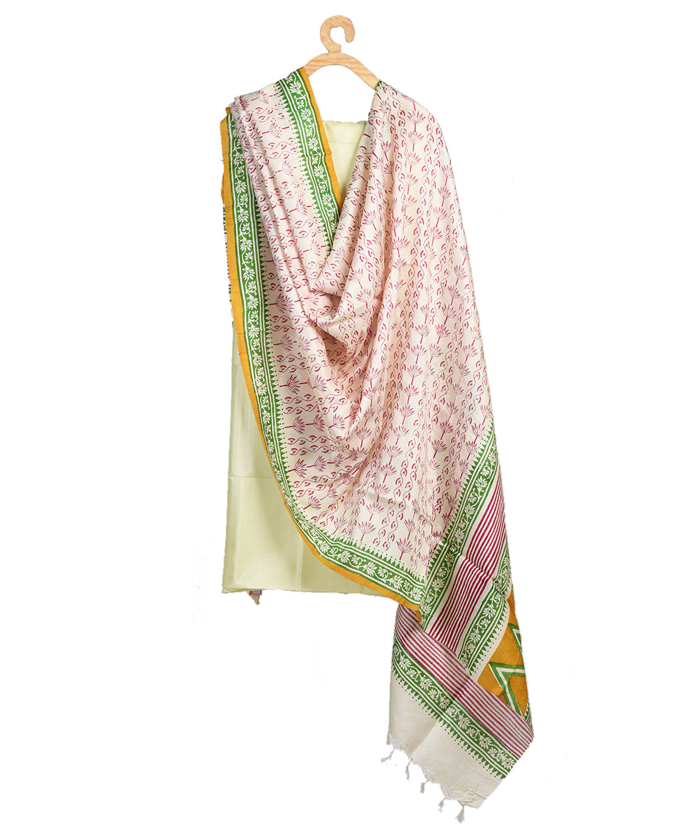 White pink bengal hand block printed silk dupatta