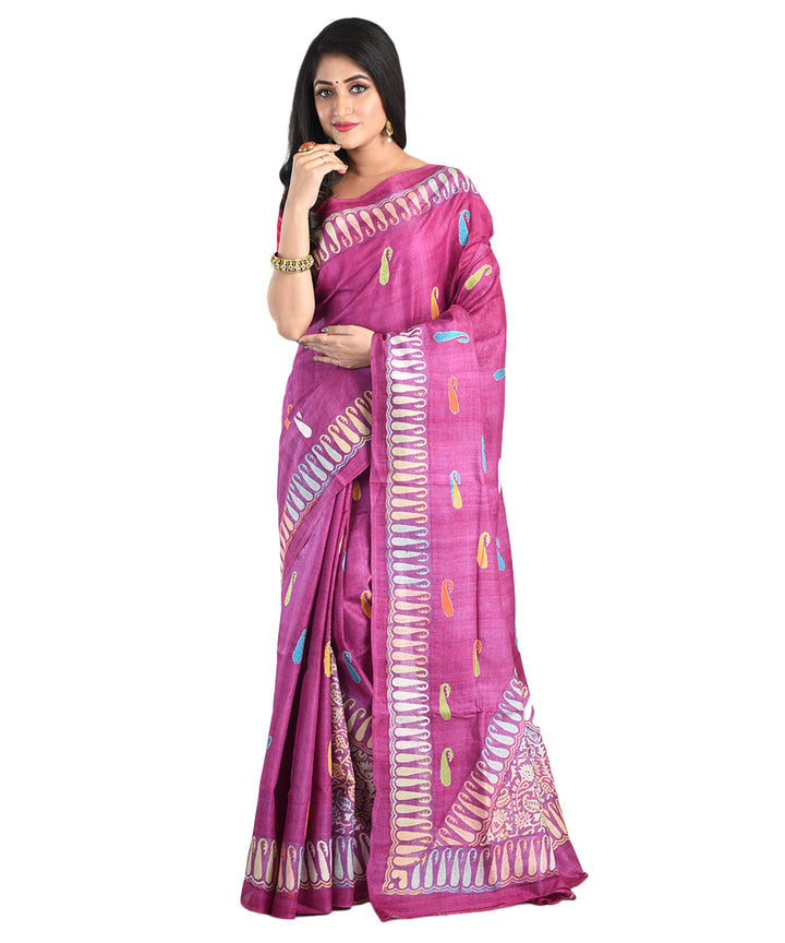 Purple hand embroidery kantha stitch tussar silk saree