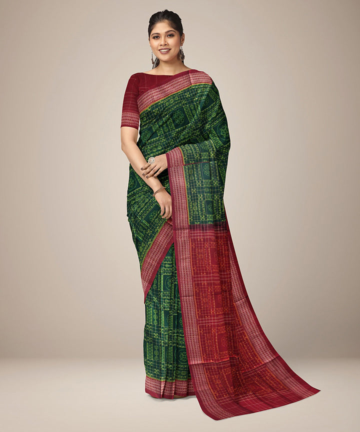 Dark green red cotton handloom sambalpuri saree