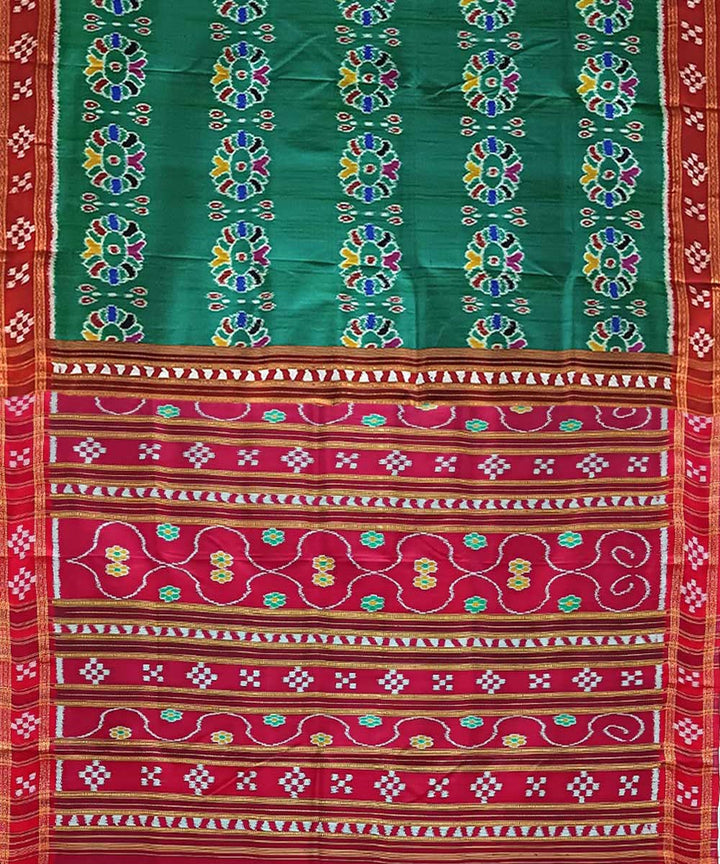 Dark green red handwoven khandua silk saree
