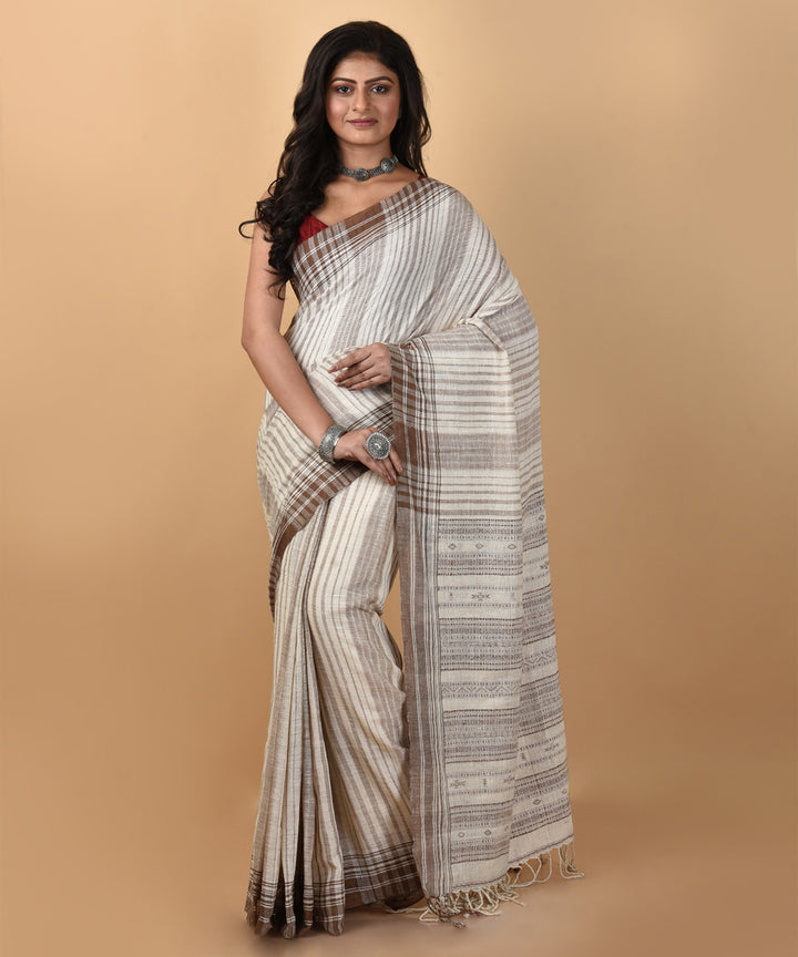 White brown stripes handwoven cotton jamdani saree