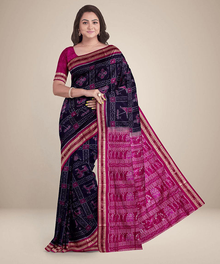 Navy blue red handwoven silk sambalpuri saree