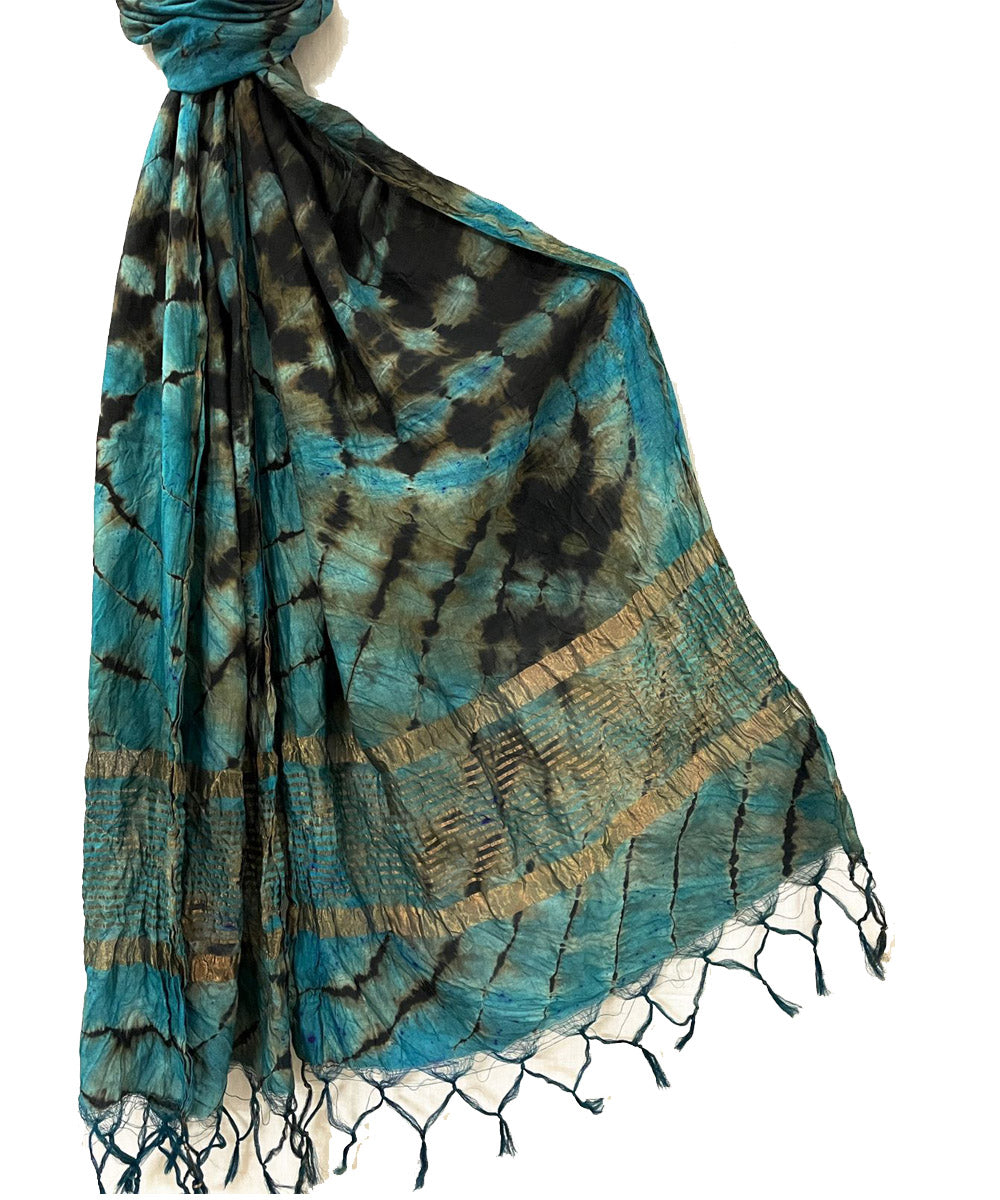 Teal black handwoven tie dye tussar silk stole