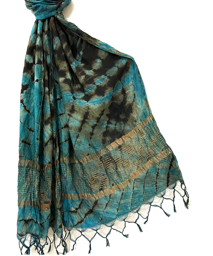 Teal black handwoven tie dye tussar silk stole
