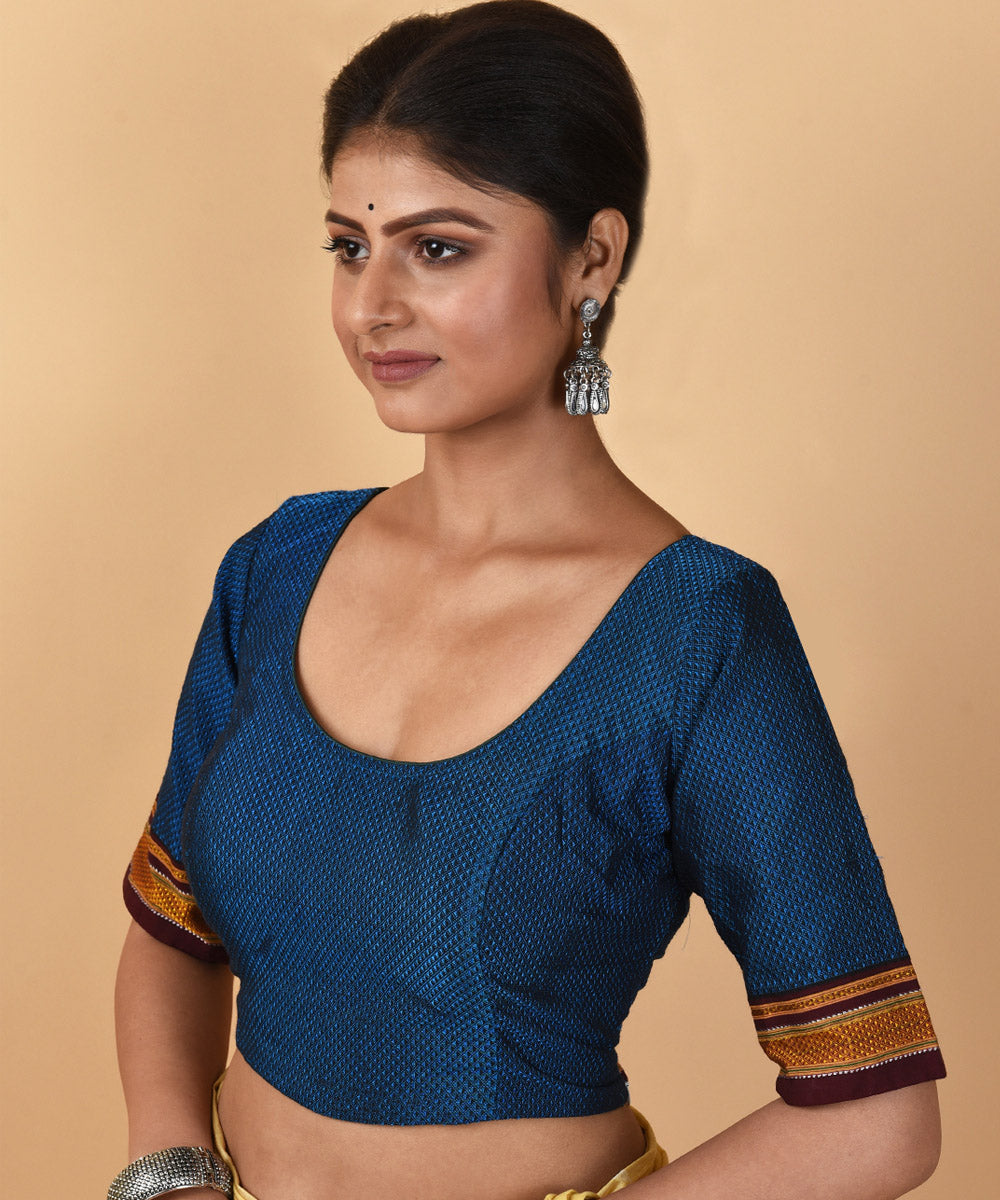 Blue cotton silk handwoven maharashtrian blouse