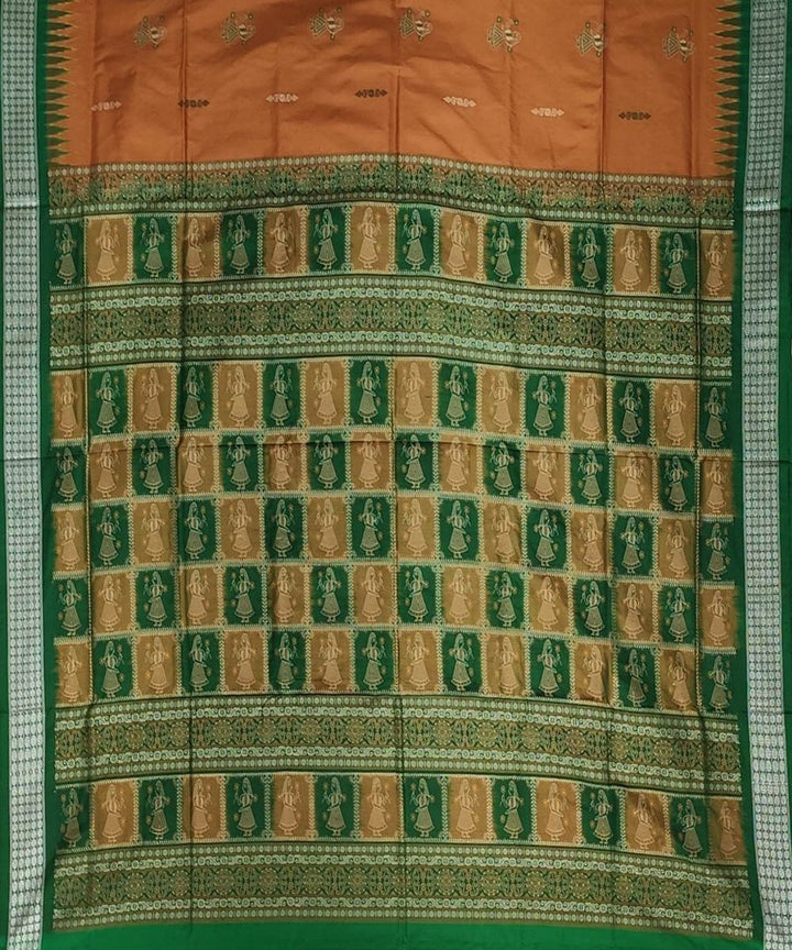 Orange light green handwoven bomkai silk saree